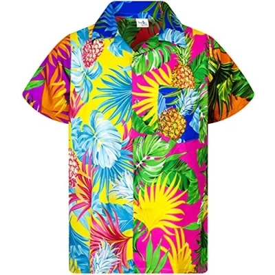 Afbeelding van King Kameha Hawaiihemd, voor heren, korte mouwen, borstzakje, Hawaii print met ananas en bladeren, Pineapple Leaves Mix, XS