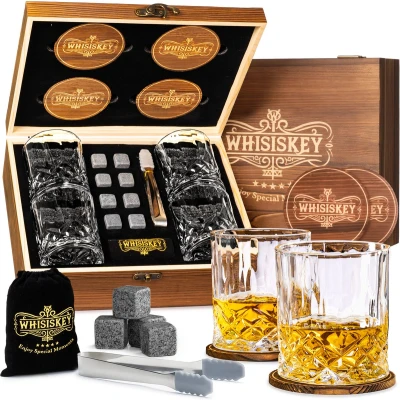 Afbeelding van Whisiskey Luxe Whiskey Set Incl. 4 Glazen, 8 Stones, Onderzetters, Fluwelen Opbergzak, Opbergbox 310 ml Whisky Geschenkdoos Glas Herbruikbare IJsblokjes