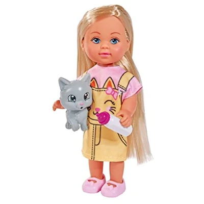 Afbeelding van Simba 105733591 Evi Love, draagt een schattig jurkje met katopdruk, baby kat en drinkfles, 12cm, vanaf 3 jaar