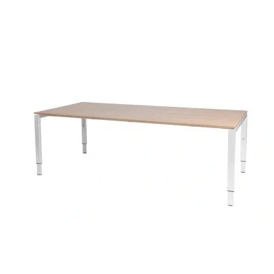 Afbeelding van Domino vergadertafel, hoogte instelbaar (62 85cm) met 220x100cm &#039;zwevend&#039; havana/ kersen licht 25mm blad en wit (RAL9010) N poot frame