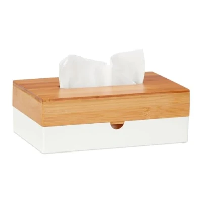 Afbeelding van Relaxdays tissue box kunststof bamboe deksel wit rechthoekig tissuedoos groot