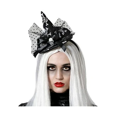 Afbeelding van Halloween heksenhoed mini hoedje op diadeem one size zwart/wit meisjes/dames Verkleedhoofddeksels