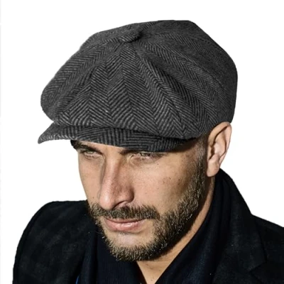 Afbeelding van TOSKATOK Unisex Heren Dames Plain 8 Panel Wolmix Baker Boy Newsboy Flat Cap, Grijze visgraat, One size