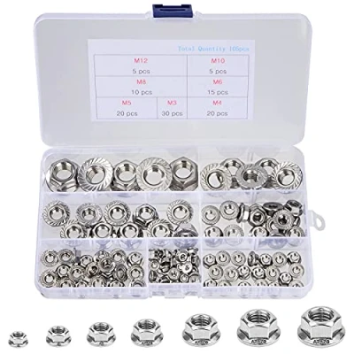 Afbeelding van QIMEI SHOP Flensmoeren, zeskantmoeren van roestvrij staal, zelfborgende moeren met flens en tanden, M3, M4, M5, M6, M8, M10, M12, assortiment kit komt overeen DIN 6923, 105 stuks