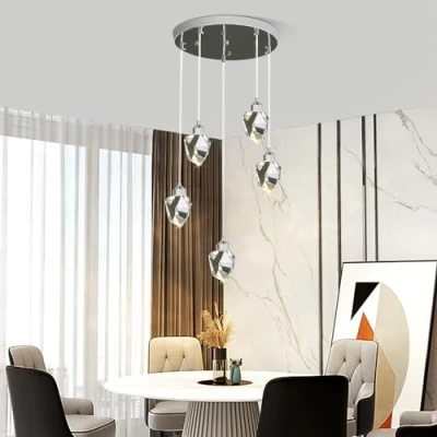 Afbeelding van Moderne Kristallen Hanglamp, 3 Kleuren LED Voor Keuken Slaapkamer Woonkamer Eetkamer Verlichting (zilver, 5 Koppige Ronde Voet)
