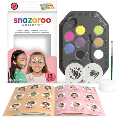 Afbeelding van Snazaroo 1172181 &quot;Unicorn&quot; make up set, huidvriendelijke gezichtsmake op waterbasis 7 kleuren, 1 kwast, spons, 2 sjablonen