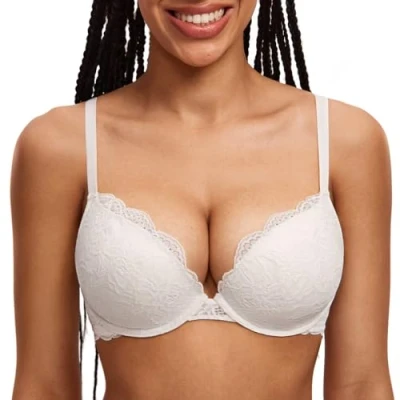 Afbeelding van DOBREVA Vrouwen Push Up BH Met Kant Gevoerde Plunge Beugel Volledige Cup Buste Voorgevormde Cups Kokoswit 75E