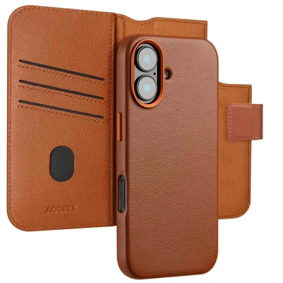 Afbeelding van Apple iPhone 16 MagSafe Hoesje Echt leder Accezz Bookcase/2 in 1 Case Bruin Telefoonhoesje