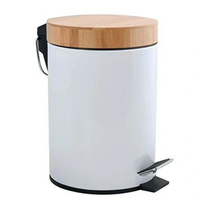 Afbeelding van MSV Cosmetica emmer 3 liter roestvrij staal bamboe met softclosemechanisme en binnenemmer Aza badkamer vuilnisemmer softclose afvalemmer wit