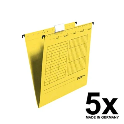 Afbeelding van Origineel Falken 5 stuks hangmap UniReg. Made in Germany. Gemaakt van gerecycled karton voor DIN A4 open zijdig geel Blauwe Engel ideaal het losbladig klasseren kantoor en de overheid