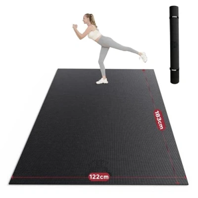 Afbeelding van HAPBEAR Yogamat, XXL, extra breed, sportmat, fitnessmat, antislip, 183 x 122 0,8 cm dik, hoge dichtheid, ultra duurzaam pvc, gymnastiekmat met fitnessbanden, schoenvriendelijk blauw