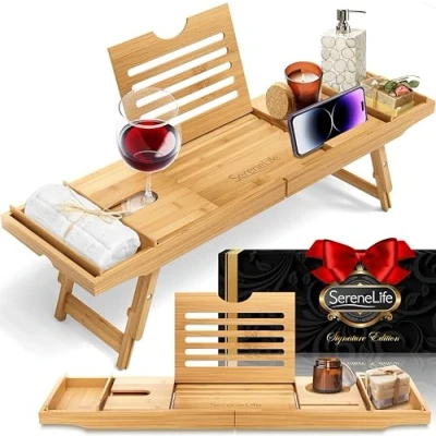 Afbeelding van SereneLife Badplank Badkuipplank Ontbijt Dienblad Combo met Geschenkdoos Natuurlijke Bamboehout Waterdichte en Bed Opvouwbare Uitschuifbare Armen Wijnglashouder