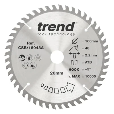 Afbeelding van Trend CraftPro TCT afkortzaagblad, ideaal voor cirkel en invalzagen, 160 mm x 48 tanden 20 asgat, wolfraamcarbide getipt, CSB/16048
