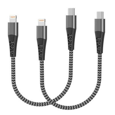 Afbeelding van USB C naar Lightning kabel, kort, 0,3 m, 2 stuks, iPhone oplaadkabel, C, Apple MFi gecertificeerd, nylon, type snellaadkabel, kabel voor 14 Pro Max 13