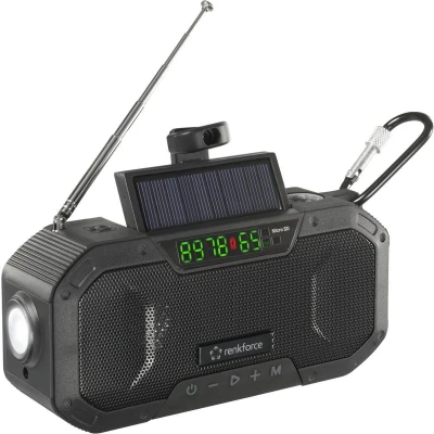Afbeelding van Renkforce RF CR 300 Outdoorradio VHF (FM), Middengolf Noodradio, Bluetooth, SD Oplaadbaar, Zonnepaneel, Handslinger, Zaklamp Zwart