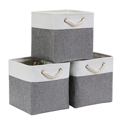 Afbeelding van Mangata Stoffen opbergmand, canvas kubus opbergdoos, voor opbergkasten, planken, kledingkasten, grijs/wit, 25 x cm, set van 3 stuks