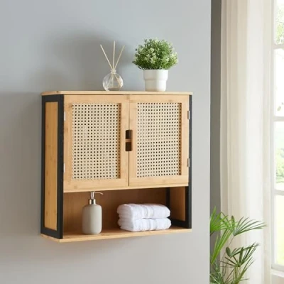 Afbeelding van Badkamerkast Tervola zwevend 60x60x20 cm zwart naturel en rotan look [en.casa]