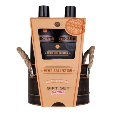 Afbeelding van Accentra Cadeauset MEN&#039;S COLLECTION in blikken emmer, incl. 300ml Body Wash, shampoo, 100g zeep, 15g netspons, geur: berk &amp; ceder bruin
