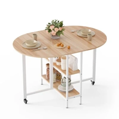 Afbeelding van Mondeer Mobiele opvouwbare eettafel, klaptafel met 2 open opbergplanken, ronde randen, kleine ruimtes, eetkamer, keuken, 120 x 80 75 cm, eiken en wit
