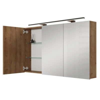 Afbeelding van Planetmöbel ARIA spiegelkast voor badkamer met verlichting, 120 cm breed, hangende badkamerkast spiegel, goudkleurig eiken, lamp en stopcontact, gastentoilet, x 70 16