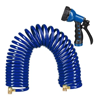 Afbeelding van Relaxdays tuinslang spiraal, tot 10 meter, klein, flexibel, 7 standen, tuin, balkon, waterslang met sproeikop, blauw