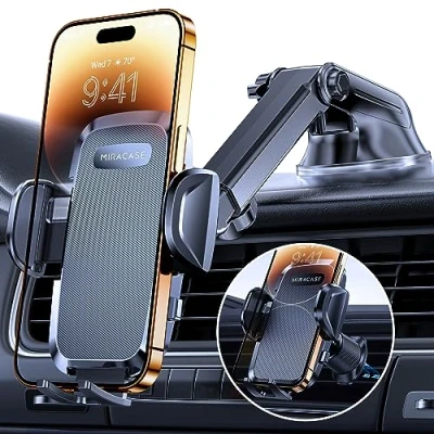 Afbeelding van Miracase Universele telefoonhouder voor de auto [sterke zuignap] mobiele dubbele haak van metaal dashboard, voorruit en ventilatiegleuf auto, geschikt smartphone