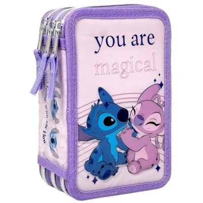 Afbeelding van Clondo Etui 3D 3 Vaks 44 Delige Gevulde Pennenzak Voor Stitch Fans Schoolset met Kleurpotloden, Stiften, Linialen Meisjes en Kinderen, Roze &amp; Paars