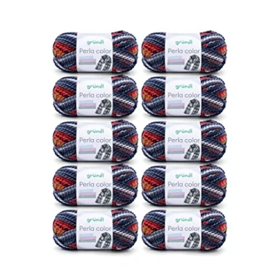 Afbeelding van Gründl Wol Perla color (wollachtig breigaren van 100% polyester, 100 g / 90 m, naalddikte: 8 9, 10 x g), wit basaltblauw rood curry