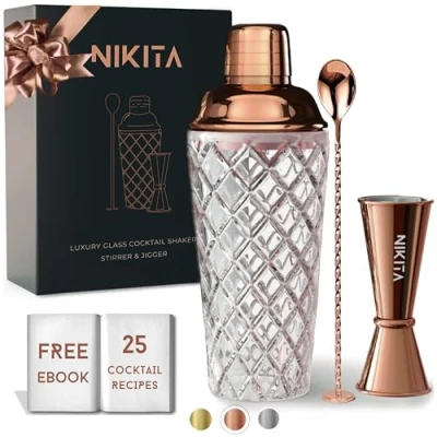Afbeelding van Rose Gold Cocktail Shaker Set Glazen Bijpassende maatjigger en Bar Lepel met Muddler Drink Zeef 5 stuks Luxe Geschenkdoos (Rose Gold)