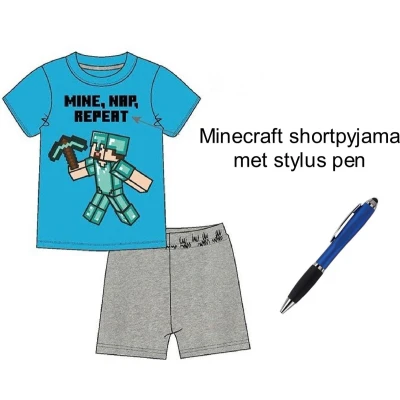 Afbeelding van Minecraft Short Pyjama Shortama 100% Katoen. Maat 152 cm / 12 jaar met 1 Stylus Pen