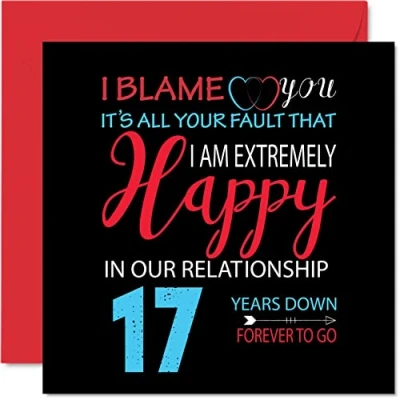 Afbeelding van Grappige 17e verjaardagskaart voor echtgenoot vrouw Your Fault I&#039;m Extremely Happy Gelukkige huwelijksverjaardagskaart partner, 145 mm x wenskaarten zeventiende jubilea