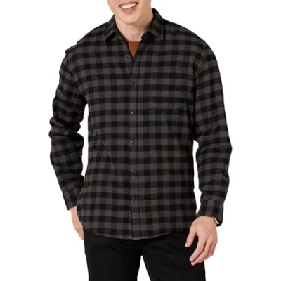 Afbeelding van Amazon Essentials Men&#039;s Flanellen overhemd met lange mouwen (verkrijgbaar in grote en maten), Houtskool Geruit, M