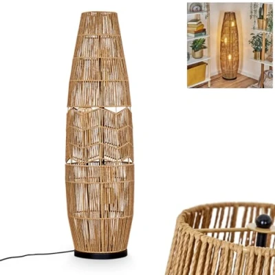 Afbeelding van staande lamp Karby, van metaal/touw in zwart/bruin/goudkleuren, boho design met kap roosterlook (Ø 30 cm), hoogte 105 cm, aan /uitschakelaar op kabel, 3 x E27, zonder