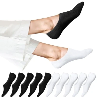 Afbeelding van EKSHER 10 paar enkelsokken dames heren onzichtbare no show sneakersokken katoen siliconen pad antislip halve sokken maat 35 50, 5 x zwart + wit, 43 46 EU