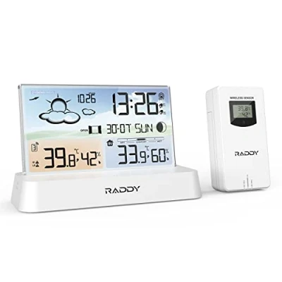 Afbeelding van Raddy DT6 weerstation voor binnen en buiten, DCF radioklok, hygrometer thermometer digitale kleurweergave, thuisweerstation met weersvoorspelling barometer