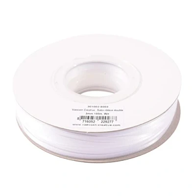 Afbeelding van Vaessen Creative satijnen lint, wit, 3 mm x 100 m dubbel decoratief cadeaulint, stoffen lint voor bruiloft, doop en verjaardagscadeaus
