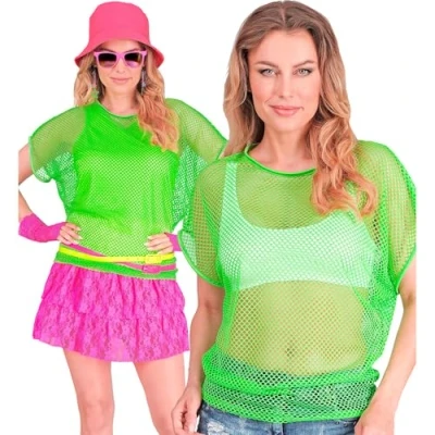 Afbeelding van Widmann Jaren 80 &amp; 90 Kostuum Visnet T Shirt Neon Groen Vrouw Small / Medium Carnavalskleding Verkleedkleding