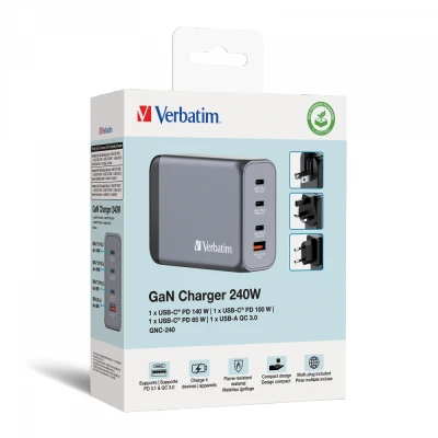 Afbeelding van Verbatim Ladeadapter, Universal, GNC 240, GaN, 240W, grau 1x USB A QC, 3x C PD, Retail