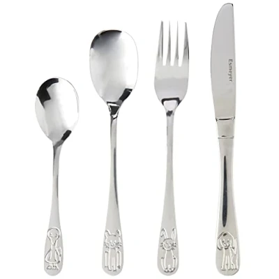 Afbeelding van Esmeyer 4 delig kinderbestek model Bambino van roestvrij staal 18/0, gepolijst. In witte doos, zilver, 20 x 17,5 2,5 cm