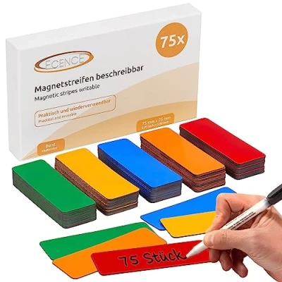 Afbeelding van ECENCE 75 Magneetstrips beschrijfbaar 75x25mm Kleurrijk kleefstrips om op maat te snijden uitwisbare magneetplaten Magneetetiketten voor whiteboards, koelkasten, magneetbord