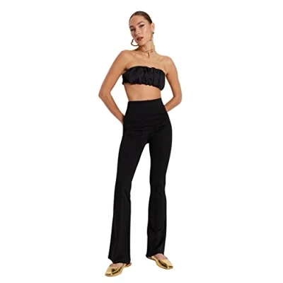 Afbeelding van Trendyol Zwarte Geribbelde Gebreide Broek Met Hoge Taille En Elastische Flare/Flare Front Twoss20Pl0342