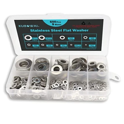 Afbeelding van KUBOWAI Set van 600 roestvrijstalen sluitringen, blokkeerring, combinatie platte met assortimentsdoos, M2, M2.5, M3, M4, M5, M6, M8, M10, M12 (9 maten)