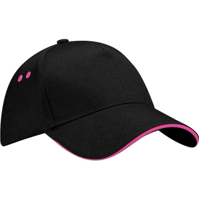 Afbeelding van Beechfield Unisex Ultimate 5 Panel Contrast Baseball Cap met Sandwich Peak / Hoofddeksel (Pakket van 2) (Zwart Fuchsia)