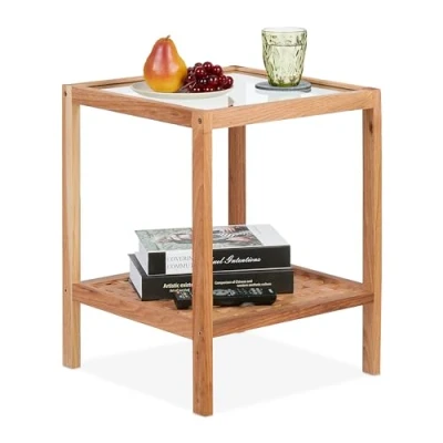 Afbeelding van Relaxdays bijzettafel met opbergruimte houten tafeltje nachttafel kleine koffietafel