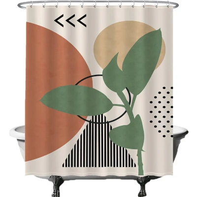 Afbeelding van Ulticool Douchegordijn Zon Abstract Natuur Boho Bohemian 180 x 200 cm semi Transparant met 12 Ringen Wit anti Schimmel Beige Sepia Oranje Groen