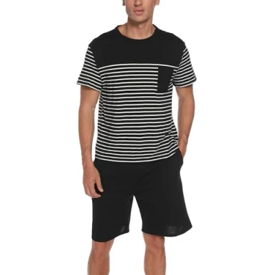 Afbeelding van Reliwel korte pyjama voor heren, katoen, contrasterende strepen, design, zomer, pyjama, ronde hals, mouwen, bovendeel en pyjamabroek met zak, nachtkleding, huispak, sleepwear, zwart, M