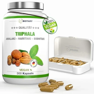 Afbeelding van Triphala 300 capsules, 1500 mg dagportie, hoge dosis, 5 maandvoorraad, inclusief pillendoosje, Haritaki, Amalaki en Bibhitaki, 100% vegan, puur plantaardig, laboratorium getest, Made in Germany