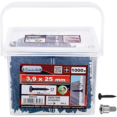 Afbeelding van Connex Snelbouwschroeven 3,9 x 25 mm 1000 stuks met fijne schroefdraad trompetkop PH Phillips aandrijving zwart gefosfateerd incl. dieptestop/gipsplaten/schroevenemmer / B30122