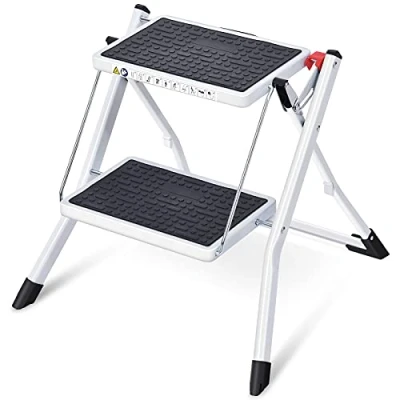 Afbeelding van KINGRACK Trapladder 2 Treden, Draagbare opstapkruk inklapbaar met handgreep, groot platform, Slanke Huishoudtrap van Staal, Vouwladder Vouwtrap Opstapje Opvouwbaar Kruk voor Thuis Keuken Kantoor, Wit