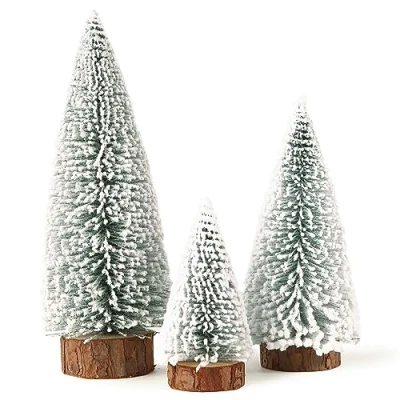 Afbeelding van COLOFALLA Mini kerstboom, 3 stuks, tafeldecoratie met houten basis, kunstkerstboom, tafeldecoratie, cadeaus voor Kerstmis (A)